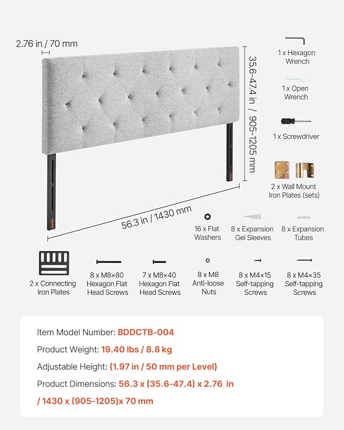 VEVOR Headboard, Full Size Headboard with Adjustable Height, Comfortable Diamond Tufted for Full Size Bed, W 56.3 x H（35.6-47.4） inches, Ideal for Bedroom, Hotel, Homestay, Dormitory, Light Grey