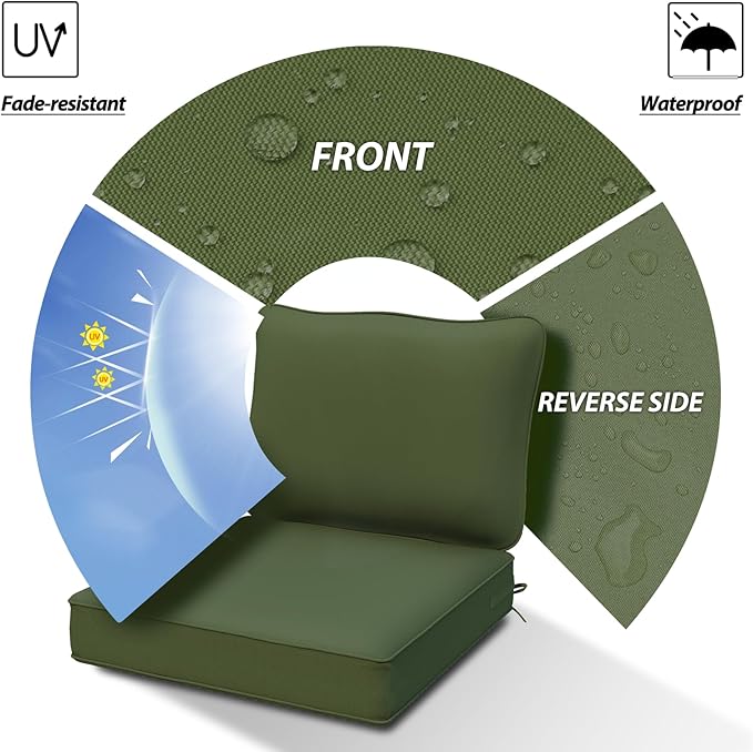AAAAAcessories Outdoor Deep Seat Cushions, Waterproof, Fade-Resistant Patio Furniture Replacement Cushions, Set of 2, 24" x 24" x 5", Woodland Green