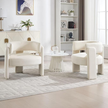 Set of 2 Accent Chairs with Arms, Upholstered Barrel Armchair with Curved Back, Comfy Single Side Chair for Reading, Living Room, Home Office, Beige