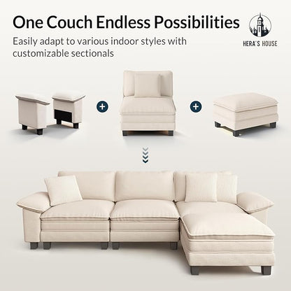 HERA'S HOUSE 88" Modular Sectional Sofa, L Shaped Couches for Living Room, Comfy Cloud Couch with Ottoman, 3-Seater Deep Seat Sofa with Throw Pillow, Chenille Beige