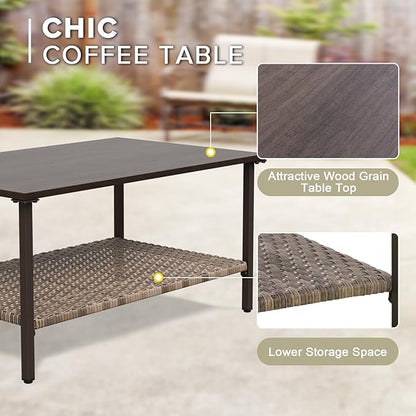 COOS BAY Aurora Terrace Half-Moon Outdoor Furniture Set, Rattan Conversation Set with Patio Chairs, Curved 5-Seat Sofa, Coffee Table & Side Table, Seats 7, Beige/Blue