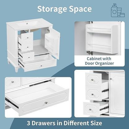 Bathroom Vanity with Ceramic Sink 30 inch, Multi-Functional Storage Cabinet with Drawers and Door Shelf, Solid Wood Frame, Soft-Closing Door, White