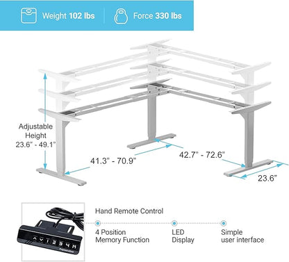 Progressive Automations Standing Desk Corner Frame. Adjustable Height and Width Legs with Triple Electric Motors for Home Office L Shaped Desk FLT-05 White