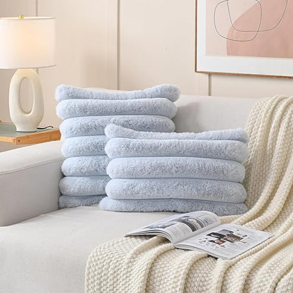 FUTEI Light Blue Decorative Throw Pillow Covers 24x24 Inch Set of 2, Square Soft Faux Rabbit Fur Thick Striped European Cushion Covers,Winter Home Decor for Couch Bed Living Room