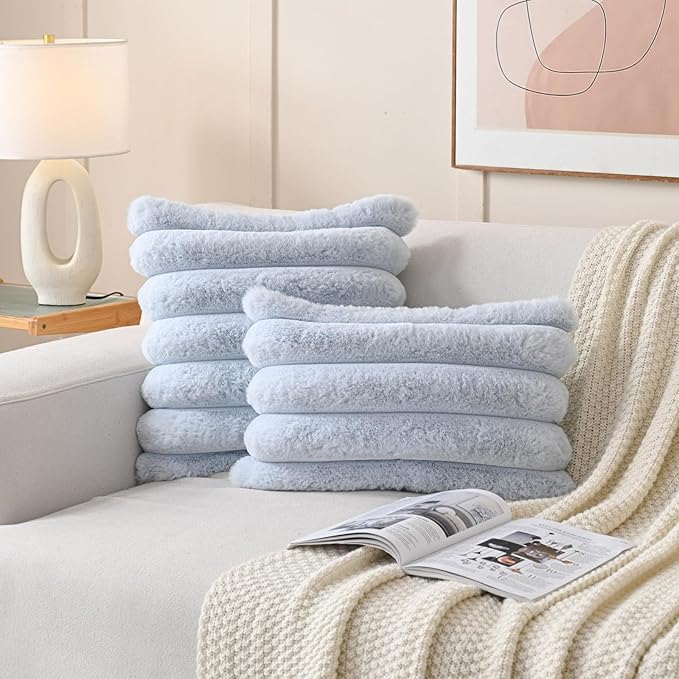 FUTEI Light Blue Decorative Throw Pillow Covers 22x22 Inch Set of 2, Square Soft Faux Rabbit Fur Thick Striped Cushion Cover,Winter Home Decor for Couch Bed Living Room