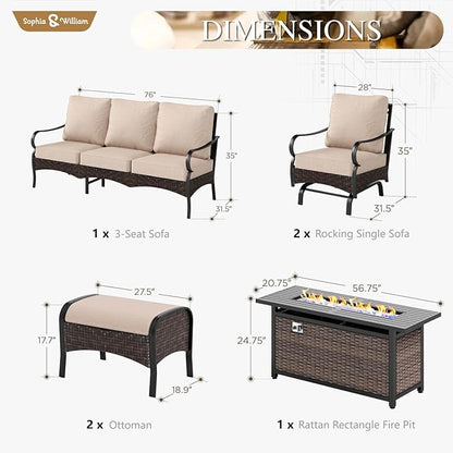 Sophia & William Patio Furniture Set with Fire Pit Table, 6 PCS Metal Outdoor Conversation Set with Fire Pit Table, 2 Sofa Chairs,2 Ottoman, 3-Seater Couch for Outdoor Seating, Backyard, Porch