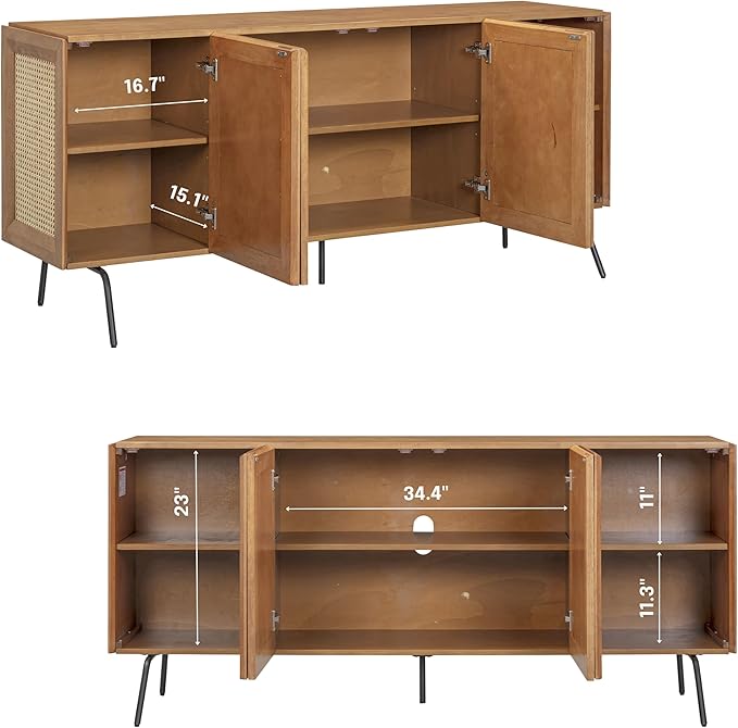 NTC MOSSIC Modern Sideboard with 4 Doors, Natural Rattan Storage Cabinet, Buffet with Metal Legs, Boho Accent Cabinet for Living Room, and Entryway, Effortless Assembly, Teak Look