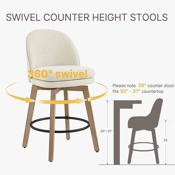 Counter Height Barstools 26 inch Upholstered Swivel Bar Stools with Back and Wood Legs for Kitchen Island,Set of 4,Linen Fabric-Armless