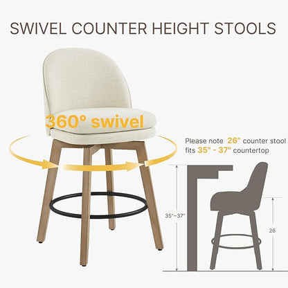 Counter Height Barstools 26 inch Upholstered Swivel Bar Stools with Back and Wood Legs for Kitchen Island,Set of 4,Linen Fabric-Armless