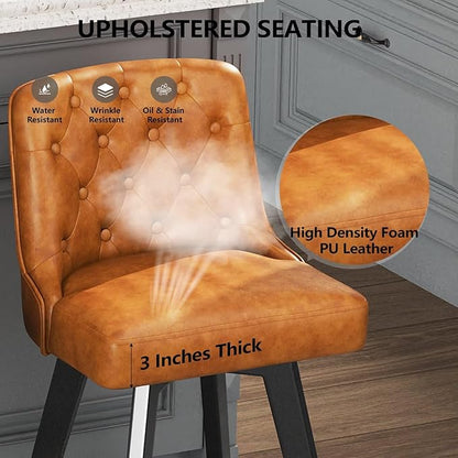 MINCETA Bar Stools Set of 3, PU Leather Barstools, 26 Inch Upholstered Counter Stools with Low Tufted Back and Footrest, Swivel Counter Height Barstools for Kitchen Island Home Bar Brown