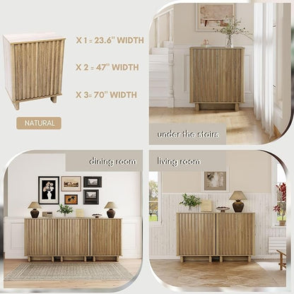 Natural Storage Cabinet Set, Freestanding Floor Cabinet 23.6” Farmhouse Sideboard with 2 Fluted Doors Wooden Buffet Cabinet Media Console Table Credenza for Living Room Dining Room Hallway, Singe