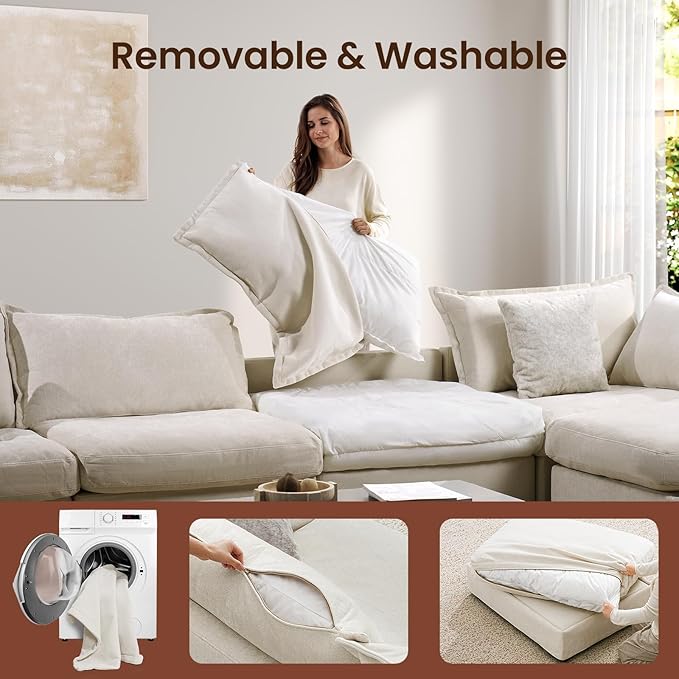 118.5" Down Filled Cloud Couch, Chenille Modular Sectional Sofa with Storage Ottoman, 3-Seater L Shape Sofa with Throw Pillows, Mordern Sectional Couches for Living Room, Beige