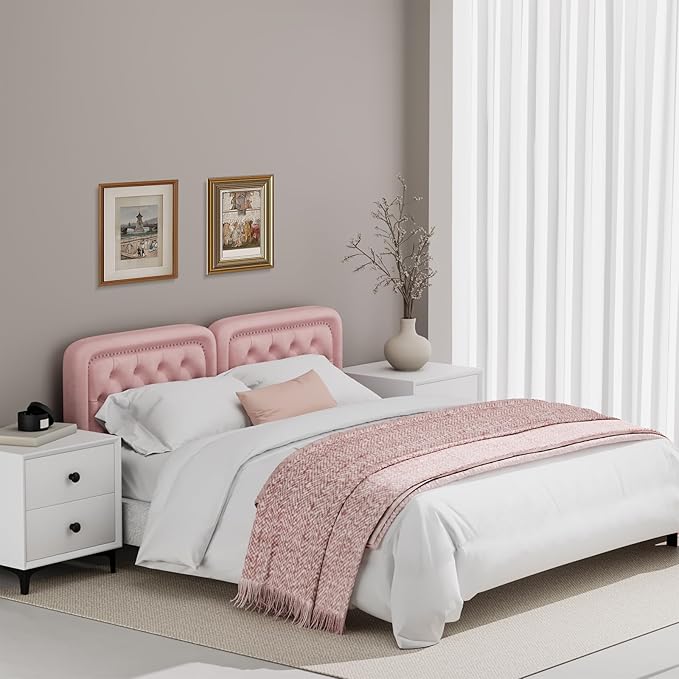 Tufted Upholstered Headboard Queen Size, Button Adjustable Height Queen Head Board Only, Sturdy and Durable Solid Wood with Nailhead Trim Headboards, Ideal for Bedroom, Dorm, Guest Room,Pink
