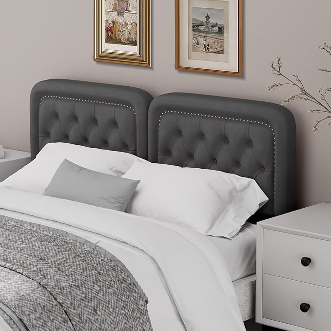 Tufted Upholstered Headboard Queen Size, Button Adjustable Height Queen Head Board Only, Sturdy and Durable Solid Wood with Nailhead Trim Headboards, Ideal for Bedroom, Dorm, Guest Room,Gray