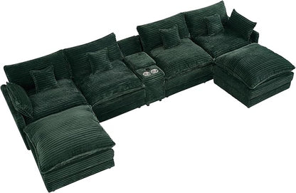 HYJT-H&K 145" U Shaped Cloud Couch Modular Green Sectional Couches for Living Room, Comfy Fluffy Corduroy Oversized Cloud Sectional Couch Large 6 Seat Sectionals Sofa Set Central Console USB Port