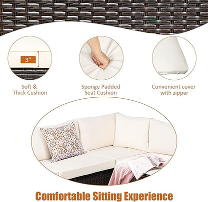 Tangkula 6 Pieces Patio Furniture Set, Outdoor Rattan Sofa Set, Wicker Conversation Set w/Tempered Glass Coffee Table & Cushions, Sectional Sofa Set for Backyard, Garden, Balcony, Poolside (Beige)