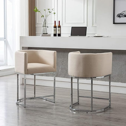 Contemporary Cream Linen Bar Stools Set of 3, 24" Upholstered Fabric Counter Height Barstools Kitchen Counter Island Stools with Screwed Together Chrome Finish Base