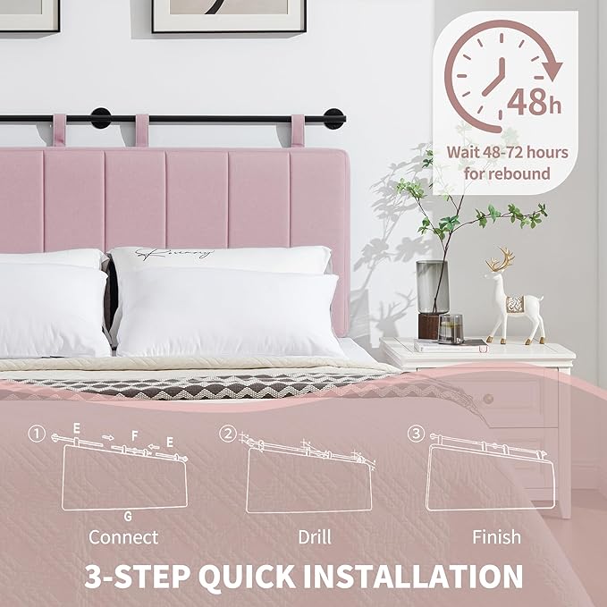 UEV King Headboard Only, Wall Mounted Hanging Upholstered Bed Head Board, Modern Vertical Channel Design of Fine Linen, Elegant Pink Fluted Headboard for Bedroom (Pink, King Size)
