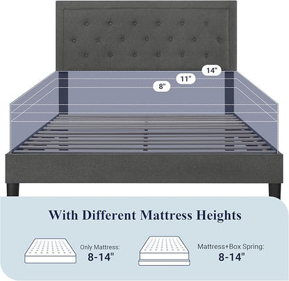 Allewie Full Size Button Tufted Platform/Fabric Upholstered Bed Frame with Adjustable Headboard/Wood Slat Support/Mattress Foundation/Dark Grey (Full)