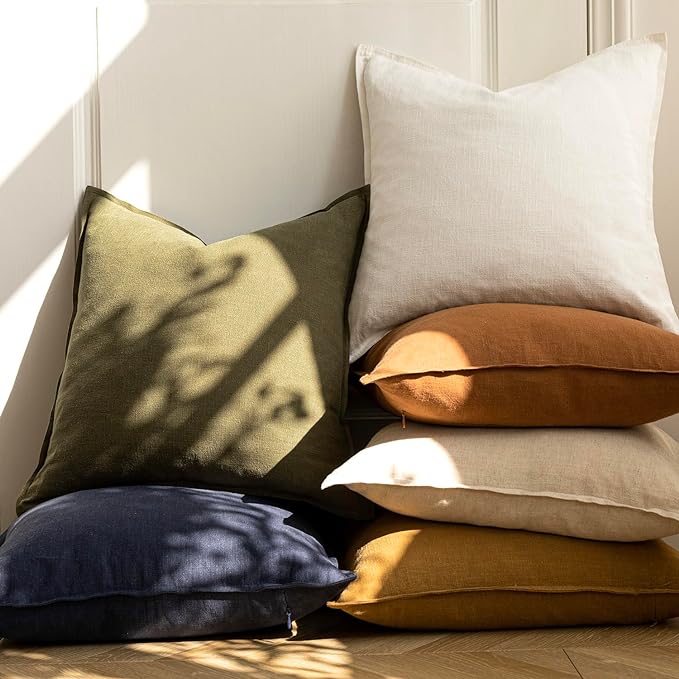 Foindtower Pack of 2, Decorative Linen Soild Throw Pillow Covers Soft Accent Cushion Case Boho Farmhouse Neutral Pillowcase for Chair Couch Sofa Bedroom Living Room Home Decor 18 x 18 Inch Cream White