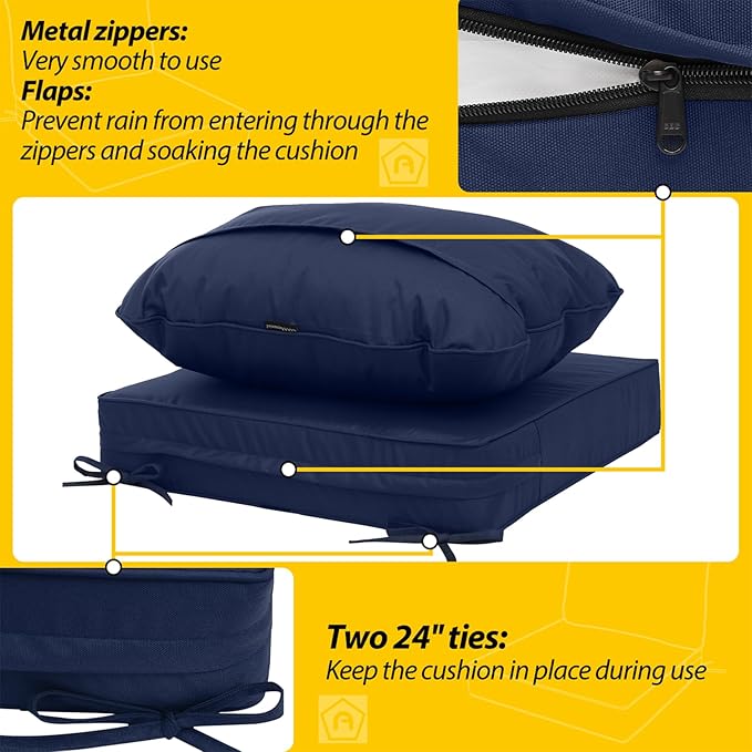 AAAAAcessories Outdoor Deep Seat Cushions, Waterproof, Fade-Resistant Patio Furniture Replacement Cushions, 24" x 24" x 5", Set of 2, Blue