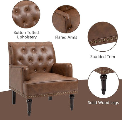 Pia Ricco PU Leather Accent Chairs 2 Pack - Modern Armchairs with Wooden Legs, Office Living Room Bedroom Seating Set-Brown