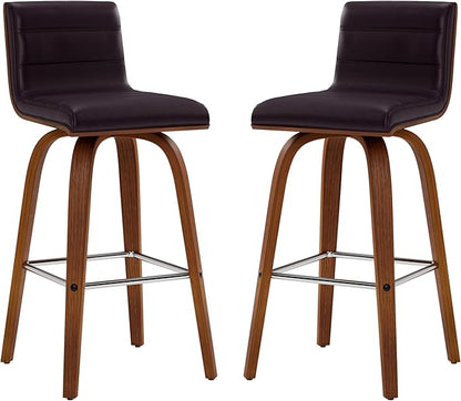 Armen Living Vienna 26" Swivel Counter Stool in Walnut Wood Finish with Brown Faux Leather - Set of 2