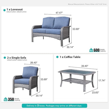 4 Pieces Wicker Patio Furniture - All-Weather PE Wicker Outdoor Conversation Bistro Set Loveseat Chairs with Table,Outdoor Rattan Sofa Chair High Back Deep Seating,Blue