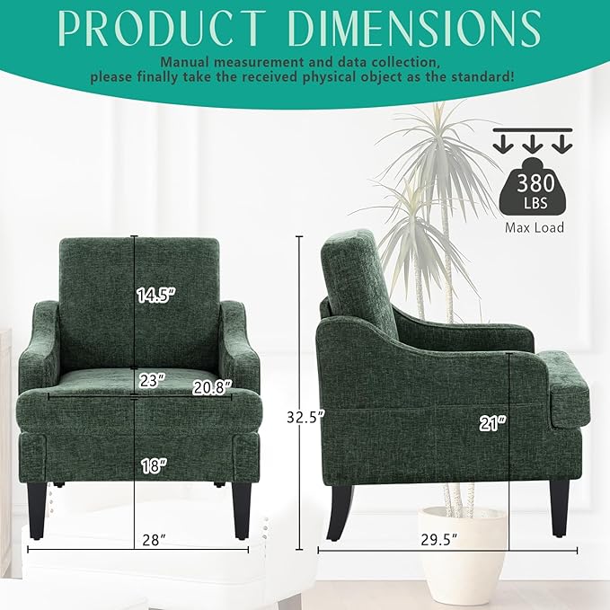Modern Accent Chairs Set of 2 Upholstered Reading Chair for Bedroom with Side Pockets Comfy Living Room Chairs Living Room Oversized Armchair for Office, Apartment (Green Chenille)