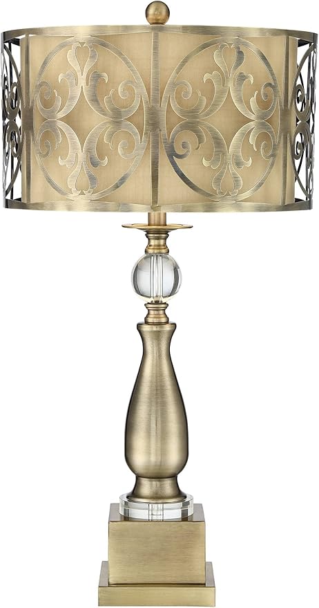 Possini Euro Design Doris Traditional Table Lamp with Clear Square Riser 32" Tall Brass Metal Candlestick Double Drum Shade for Bedroom Living Room House Home Bedside Nightstand Office Family