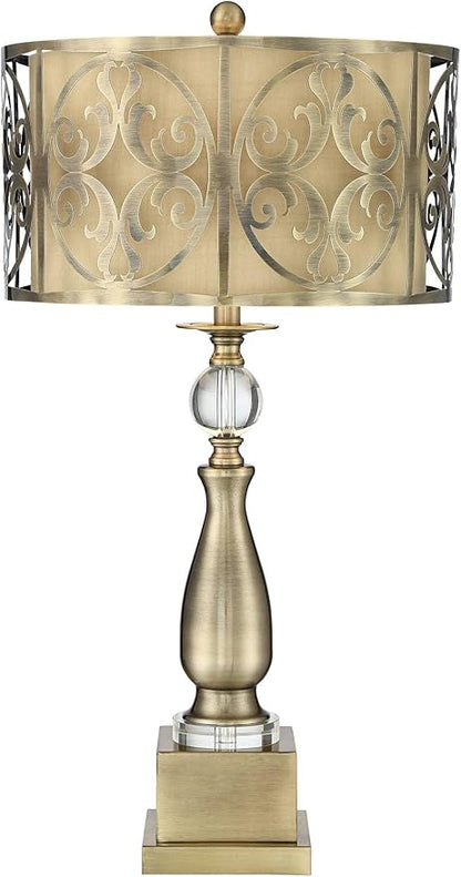 Possini Euro Design Doris Traditional Table Lamp with Clear Square Riser 32" Tall Brass Metal Candlestick Double Drum Shade for Bedroom Living Room House Home Bedside Nightstand Office Family