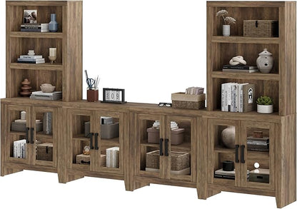 WAMPAT Farmhouse Entertainment Center with Bookshelves, 4-Piece Modular TV Stand with Storage Towers, Glass Doors, Open Shelves, Media Console for Living Room, Home Theater, Brown