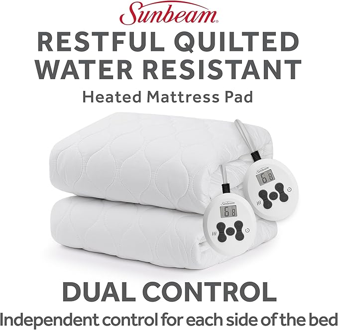 Sunbeam Electric Premium Water Resistant Restful Quilted Heated Mattress Pad, 12 Heat Settings, 12-Hour Selectable Auto Shut-Off, Fast Heating, Cozy Warming Bed, King, 76" x 80"