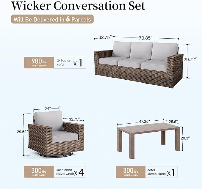 Swivel Glider 6 Piece Outdoor Furniture Set with Swivel Chairs, Wicker Patio Furniture with 4.92" Wide Armrest, 26.3" Deep Seating and 5.5" Thick Cushions, Grey