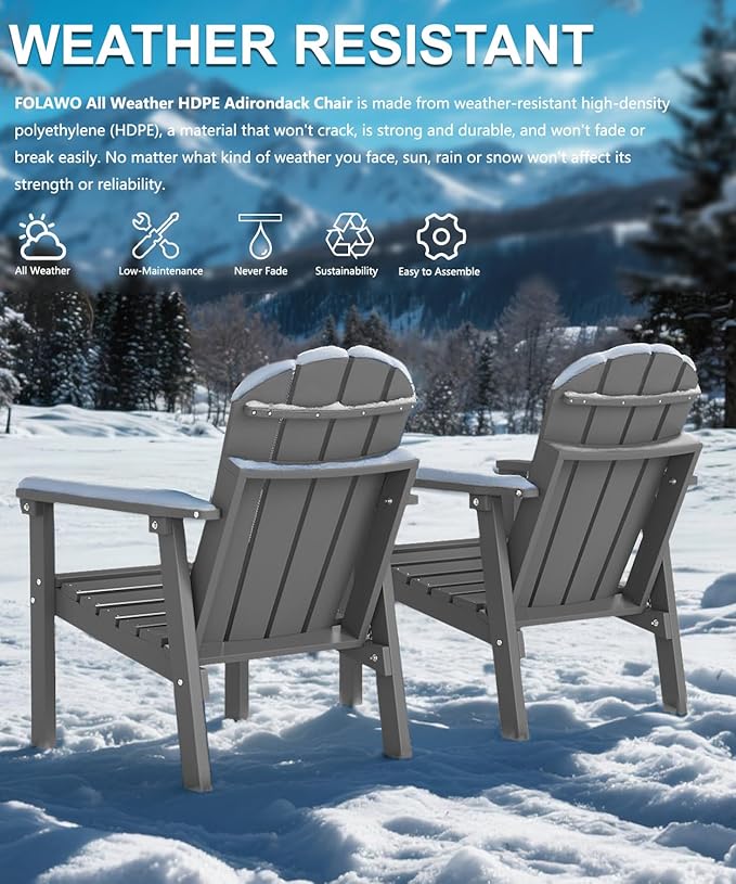 Adirondack Chair Set of 2, All Weather HDPE Fire Pit Chairs, Oversized Plastic Adirondack Chair for Outdoor, Balcony, Deck, Backyard, Patio, Garden, Poolside, Lawn Grey