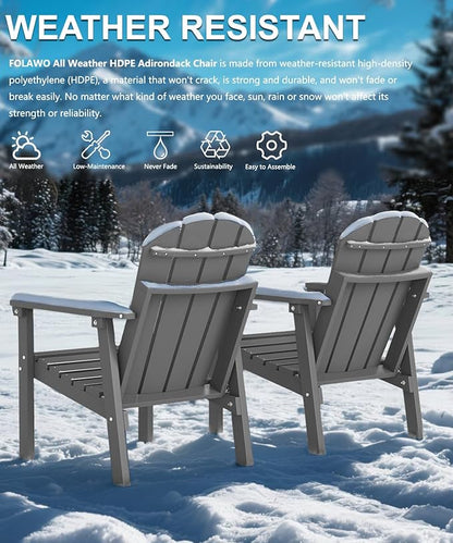 Adirondack Chair Set of 2, All Weather HDPE Fire Pit Chairs, Oversized Plastic Adirondack Chair for Outdoor, Balcony, Deck, Backyard, Patio, Garden, Poolside, Lawn Grey