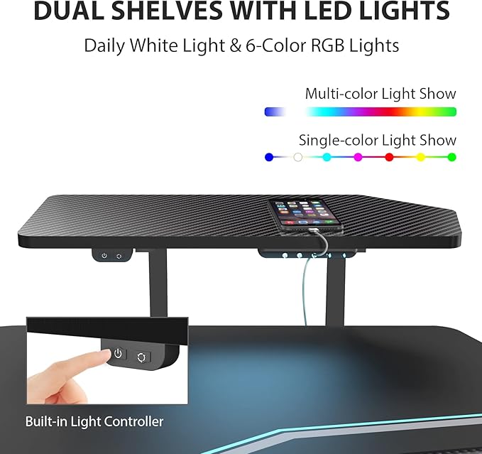 EUREKA ERGONOMIC Gaming Desk, Standing Desk w Keyboard Tray, 72" Wing Shaped Music Studio Table with LED Shelves, Gaming Recording Live Stream, Slot Design