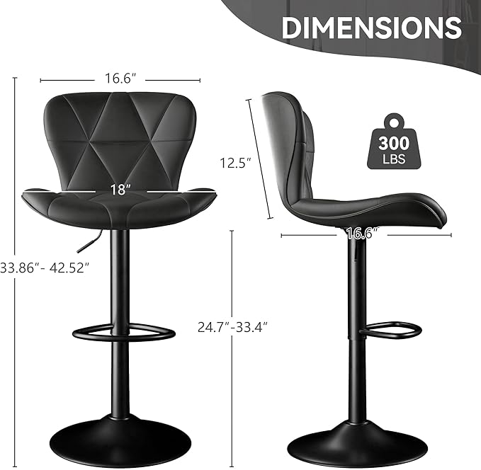 Bar Stools Set of 3,Adjustable Swivel Barstools, Faux Leather Bar Chairs,Upholstered Counter Height with High Backrest for Kitchen Island, Black