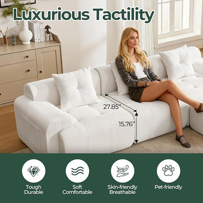 101.65” Modular Sectional Couch for Living Room, Modren L-Shape Cloud Sectional 3-Seater Sofa with Movable Ottoman, Woven Texture Upholstery Boneless Couch, No Assembly Grey, Beige