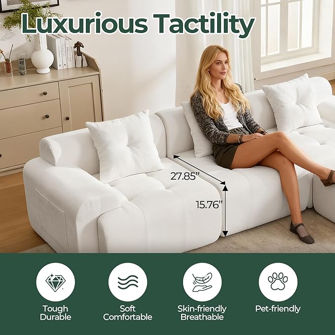 129.23”Modular Sectional Couch for Living Room, Modren L-Shape Cloud Sectional 4-Seater Sofa with Movable Ottoman, Woven Texture Upholstery Boneless Couch, No Assembly, Beige