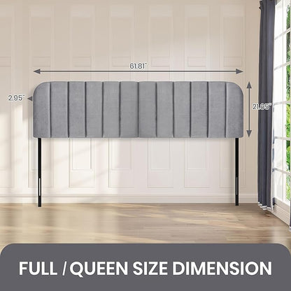 Upholstered Headboard - Striped Interval - Adjustable Height - Metal Legs - Bed Frame (Grey, Queen (U.S. Standard))