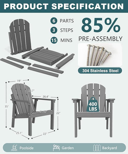 Adirondack Chair, All Weather HDPE Fire Pit Chairs, Oversized Plastic Adirondack Chair for Outdoor, Balcony, Deck, Backyard, Patio, Garden, Poolside, Lawn Grey