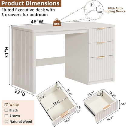 48" Modern Fluted Executive Desk with Storage Cabinet, White Wood Home Office Desk with File Drawer & Metal Handles, Large Computer Writing Table for Office,Study, Living Room, Bedroom