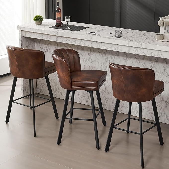 Swivel Counter Height Bar Stools Set of 3, 30'' Modern Barstools with Backs and Metal Legs, Upholstered Bar Chairs, Faux Leather Brown Stools for Kitchen Island Chairs