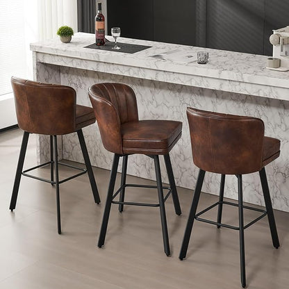 Swivel Counter Height Bar Stools Set of 3, 30'' Modern Barstools with Backs and Metal Legs, Upholstered Bar Chairs, Faux Leather Brown Stools for Kitchen Island Chairs