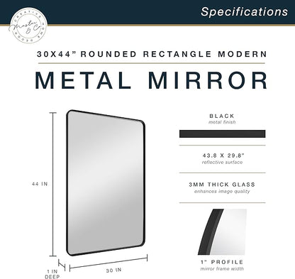 MCS Master & Co. Modern Metal Large Wall Mirror, Minimalist Home Decor Rectangle Mirror with Rounded Corners for Living Room, Bedroom, or Bathroom, 30 by 44 Inch, Black