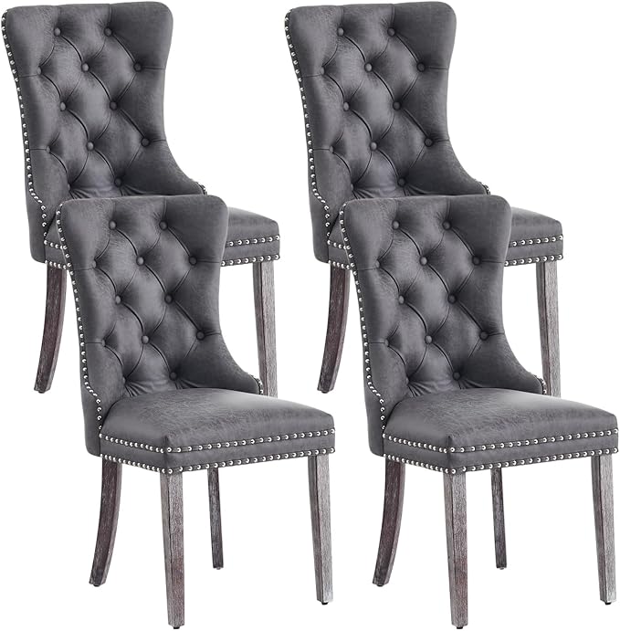 Leather Dining Chair Set of 4, Dining Room Chairs with Nailhead Ring Pull Trim, Upholstered Dining Chairs with Solid Wood Legs for Kitchen Dining Room (Grey)