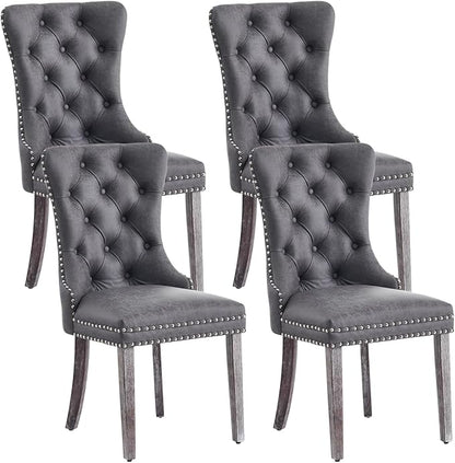Leather Dining Chair Set of 4, Dining Room Chairs with Nailhead Ring Pull Trim, Upholstered Dining Chairs with Solid Wood Legs for Kitchen Dining Room (Grey)