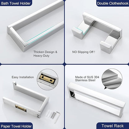 Lairuier Bath Towel Bar Set, Polished Chrome 4-Piece Bathroom Hardware Set Including Towel Bar, Towel Holder, Toilet Paper Holder, Towel Hook. Stainless Steel Bathroom Hardware Accessory