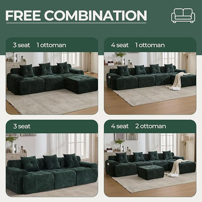 129.23”Modular Sectional Couch for Living Room, Modren L-Shape Cloud Sectional 4-Seater Sofa with Movable Ottoman, Woven Texture Upholstery Boneless Couch, No Assembly, Green